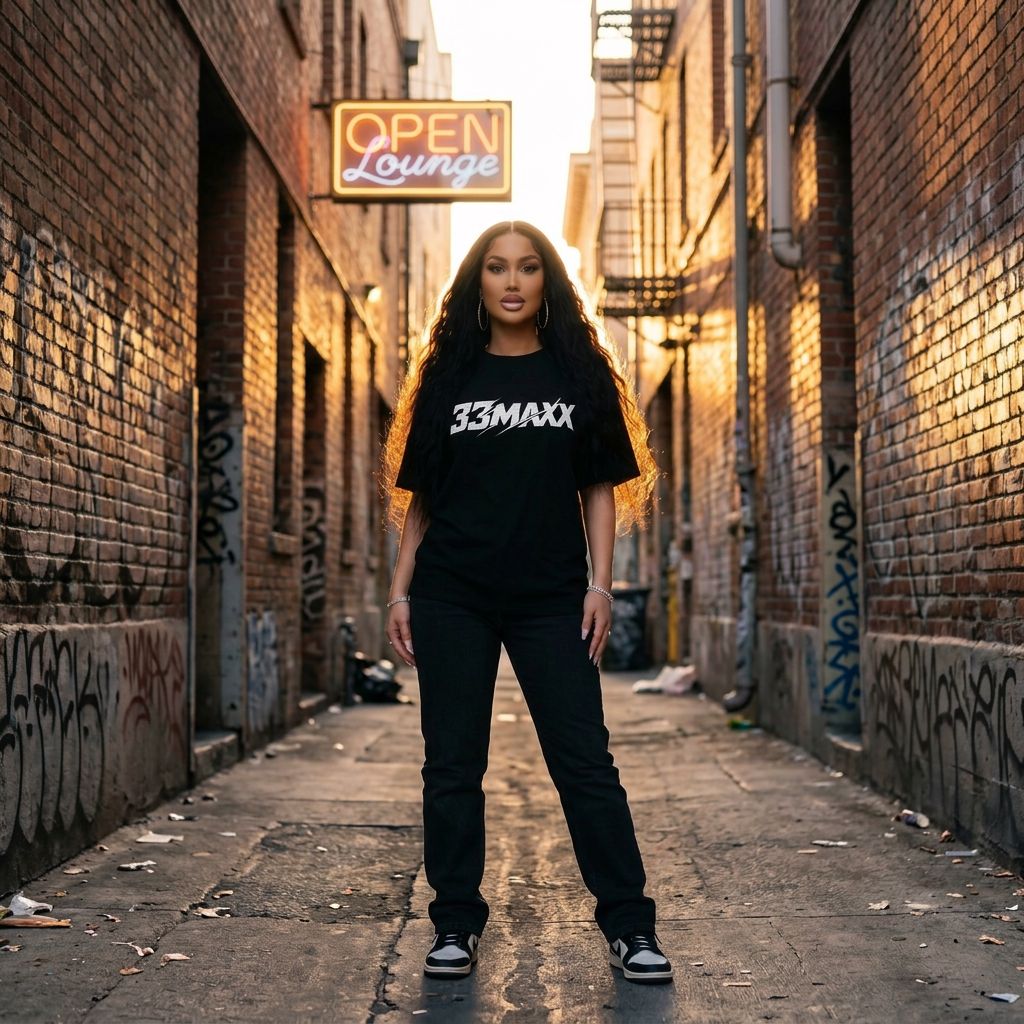 Mia Lanee modeling 33MAXX Tee · Black with center placement — Neon alley