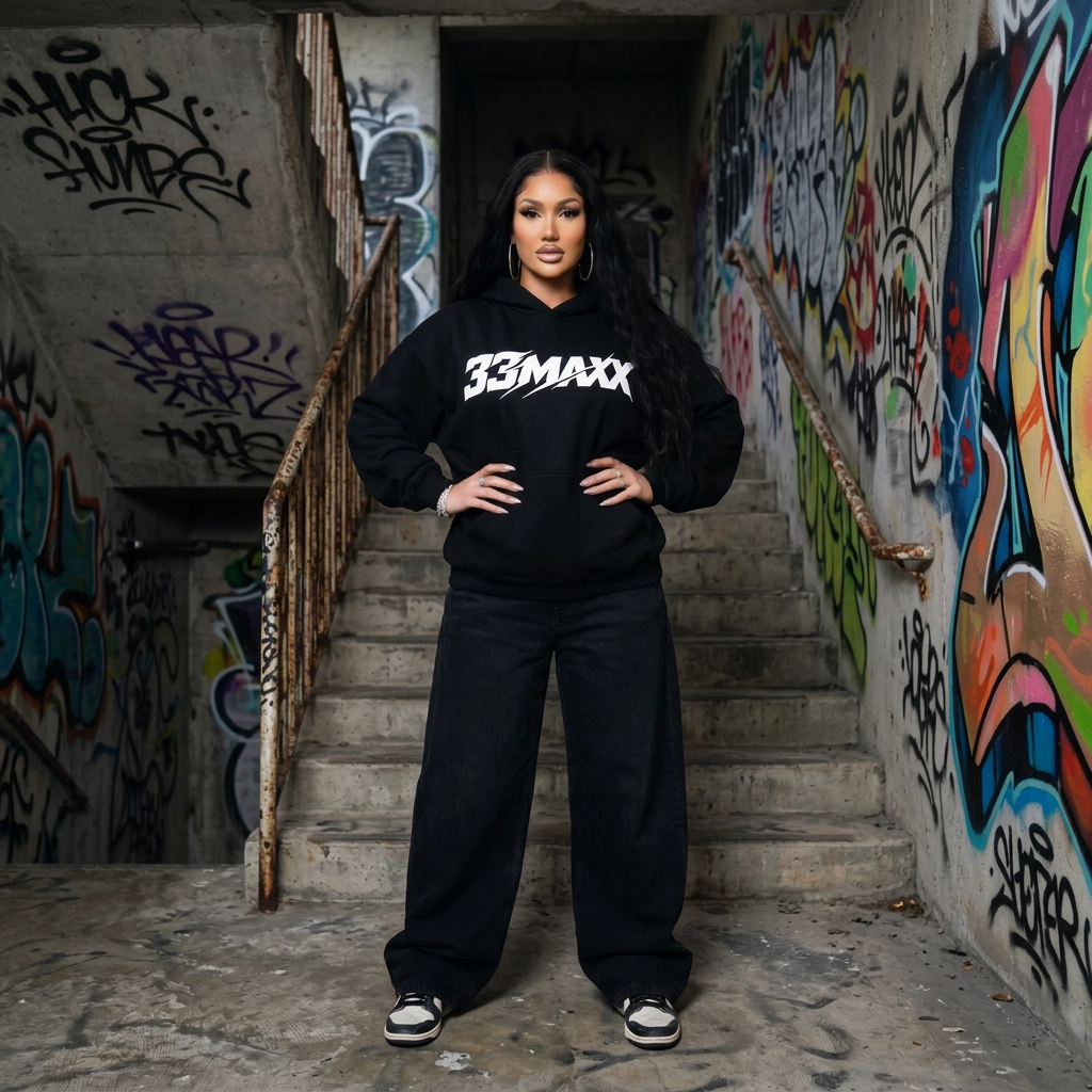 Mia Lanee modeling 33MAXX Hoodie · Black with center placement — Graffiti stairwell