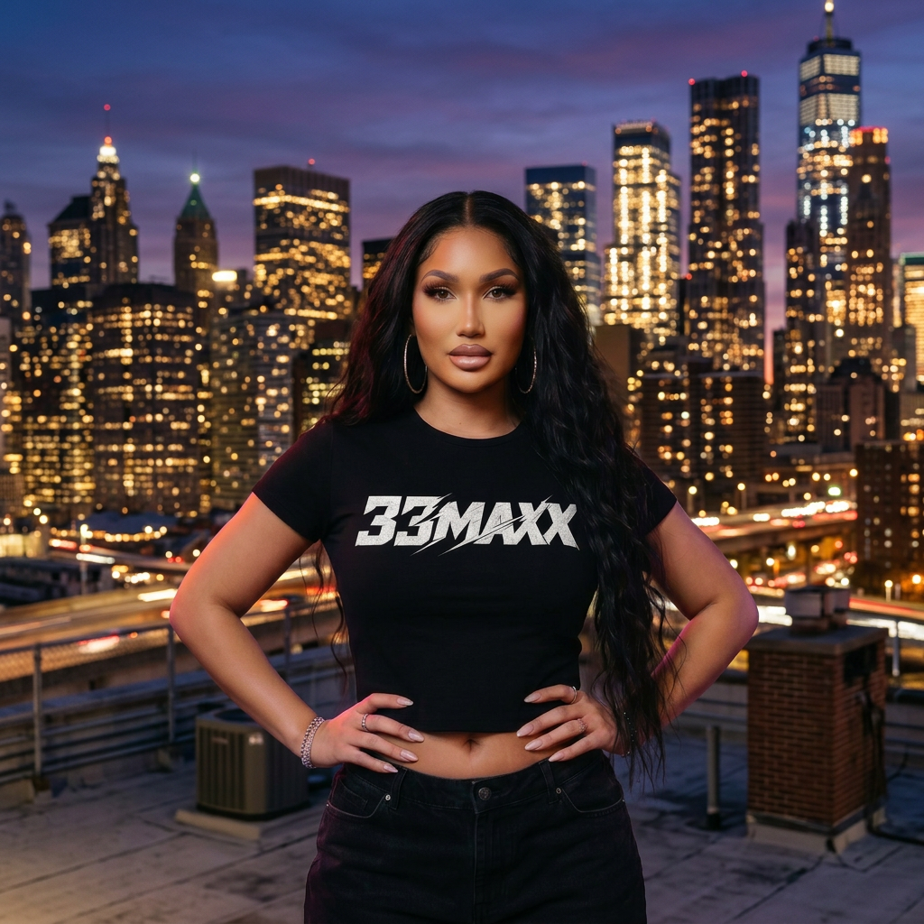 Mia Lanee modeling 33MAXX Crop Tee · Black with center placement — Rooftop dusk