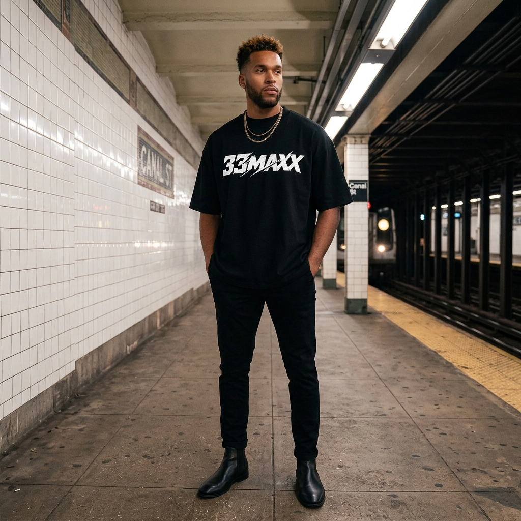 MeechXL modeling 33MAXX Tee · Black with center placement — Subway platform