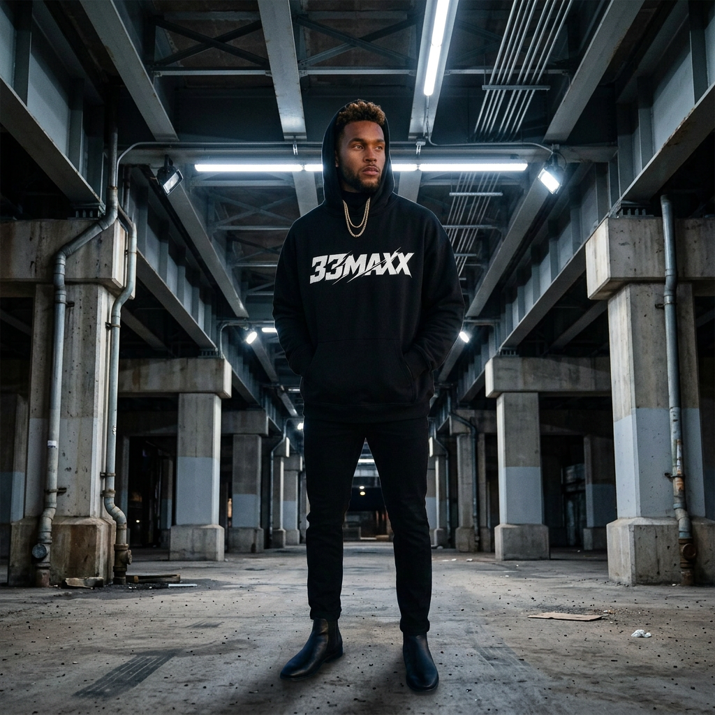 MeechXL modeling 33MAXX Hoodie · Black (hood up) with center placement — Bridge underpass