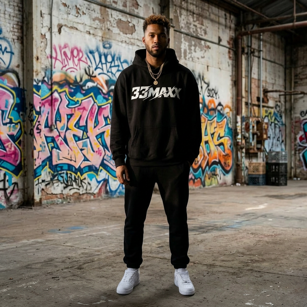 MeechXL modeling 33MAXX Hoodie · Black with center placement — Graffiti warehouse