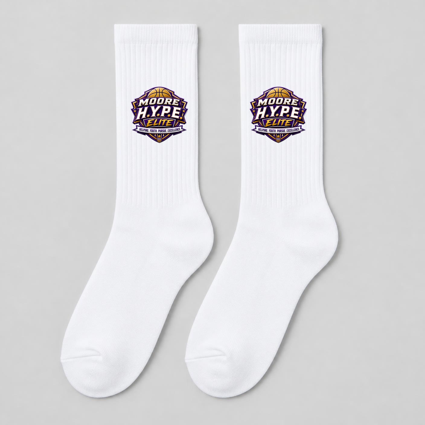 Moore H.Y.P.E. Elite White crew socks mockup
