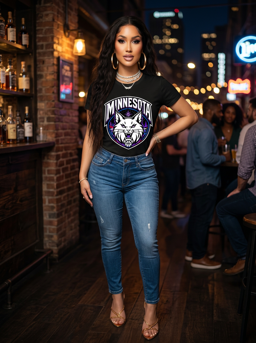 Mia Lanee modeling Lynx Black Tee in Downtown bar