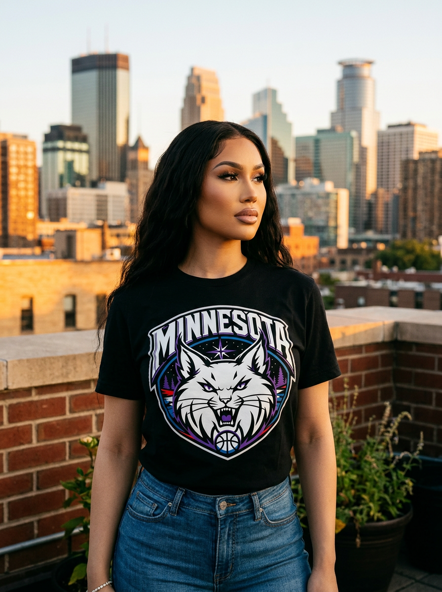 Mia Lanee modeling Lynx Black Tee in Mpls rooftop