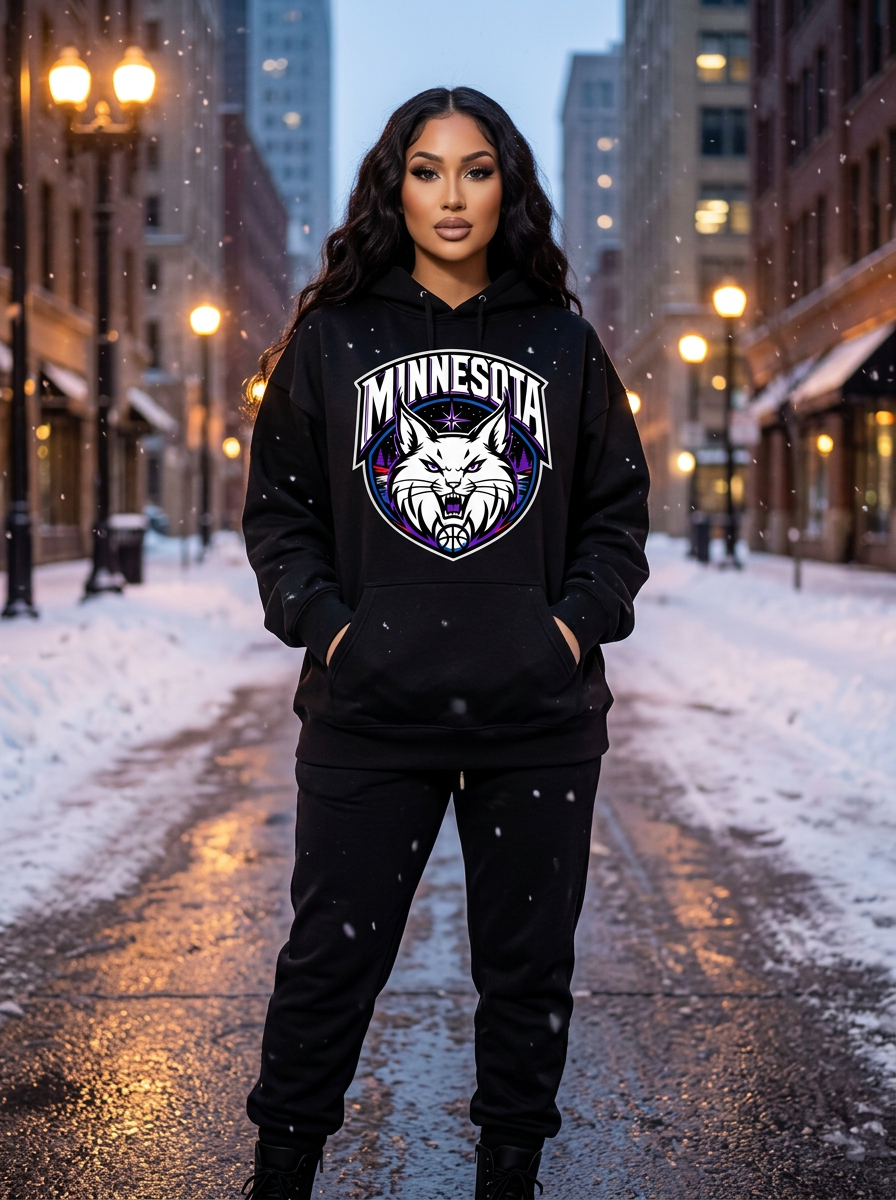 Mia Lanee modeling Lynx Black Hoodie in Snowy street