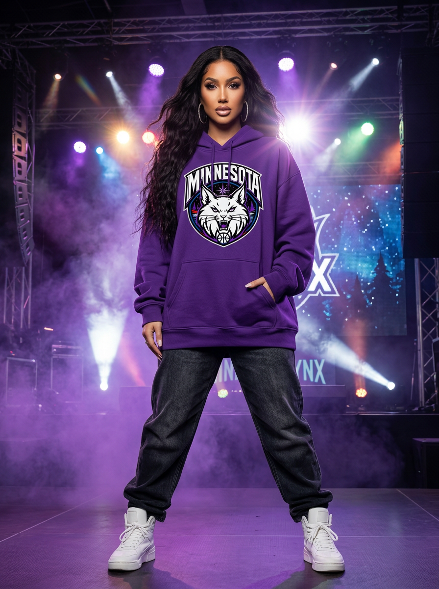 Mia Lanee modeling Lynx Purple Hoodie in Stage lights