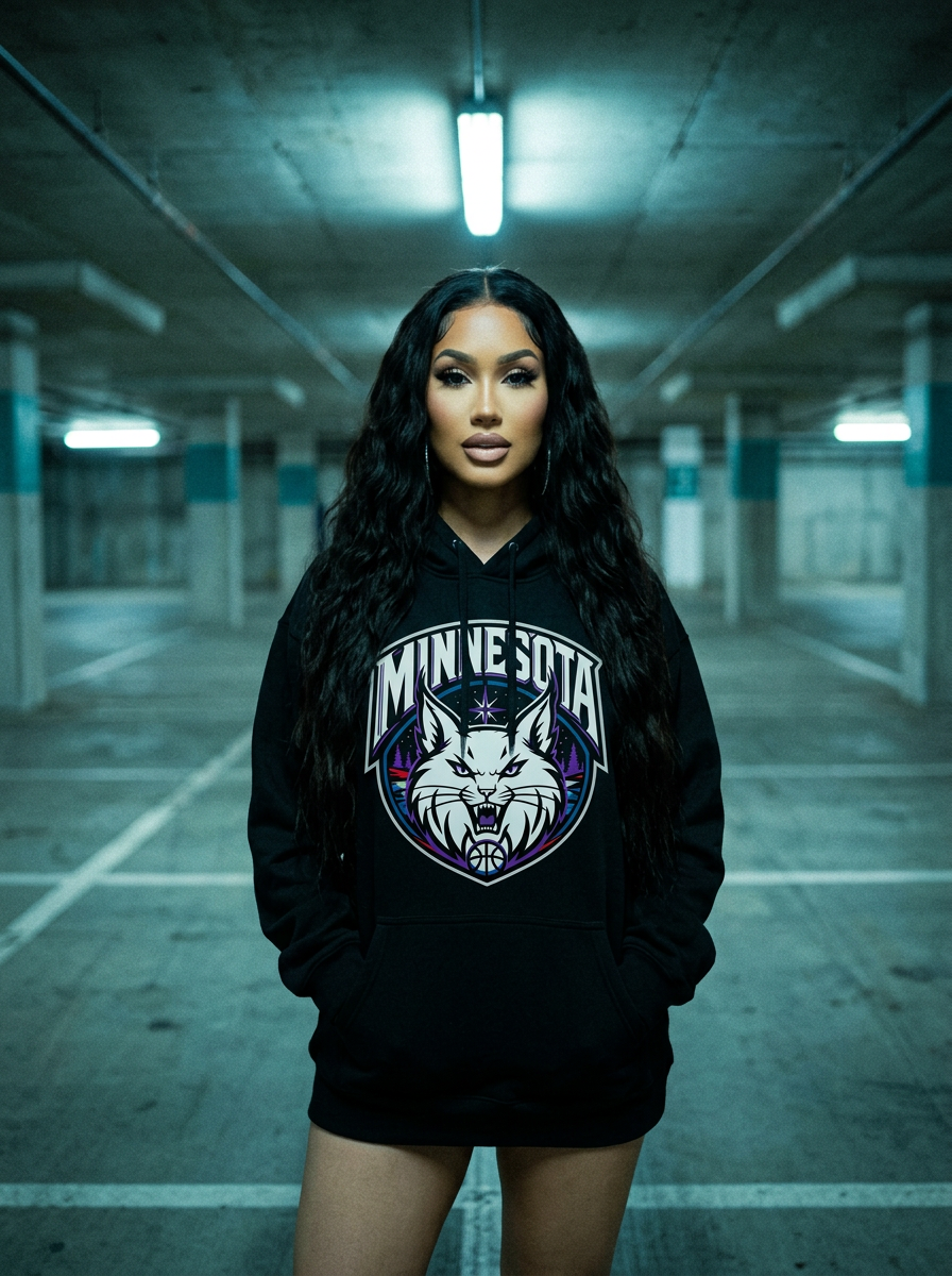 Mia Lanee modeling Lynx Black Hoodie in Parking garage