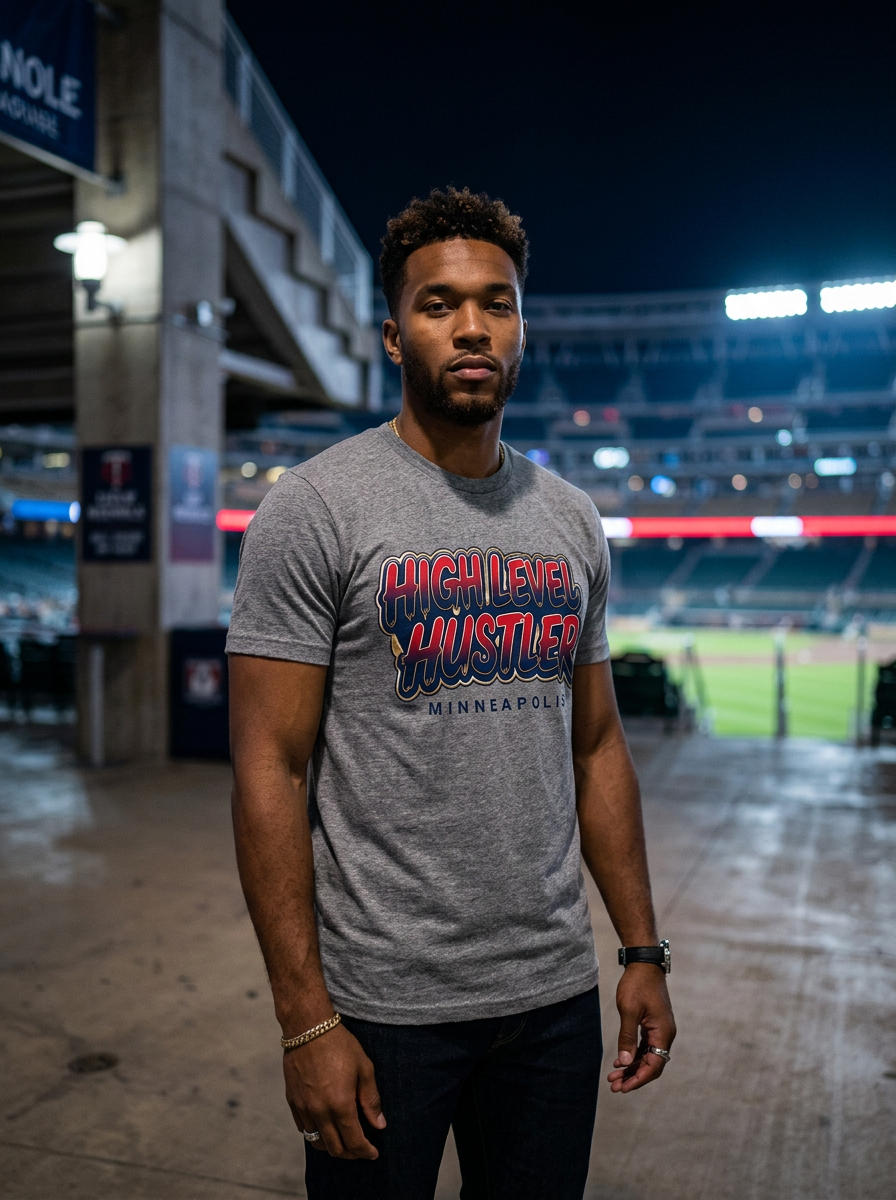 Model wearing High Level Hustler logo 01 t-shirt
