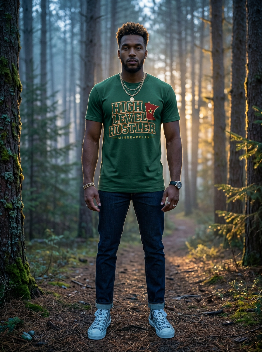 Model wearing High Level Hustler logo 02 t-shirt