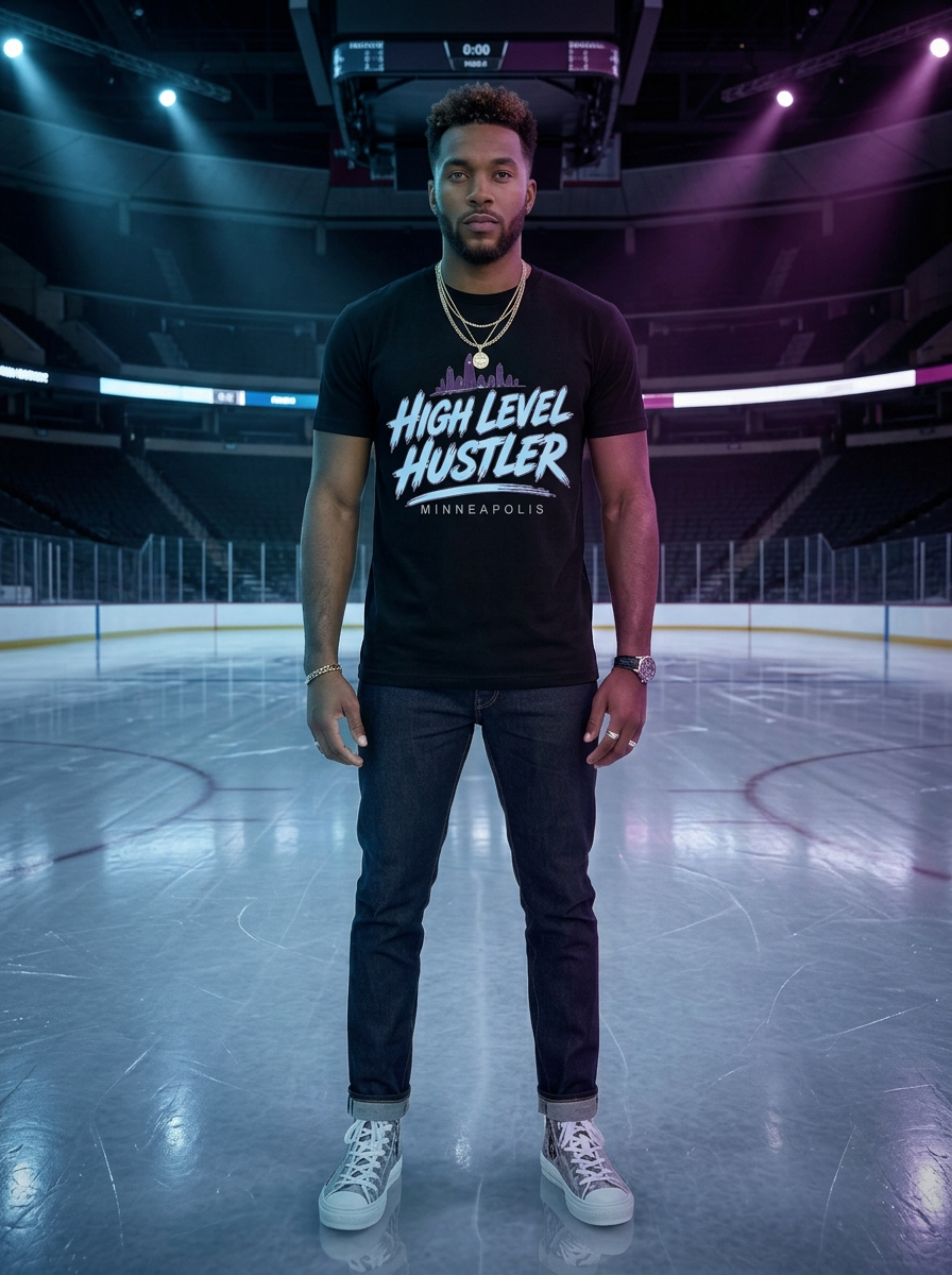 Model wearing High Level Hustler logo 03 t-shirt