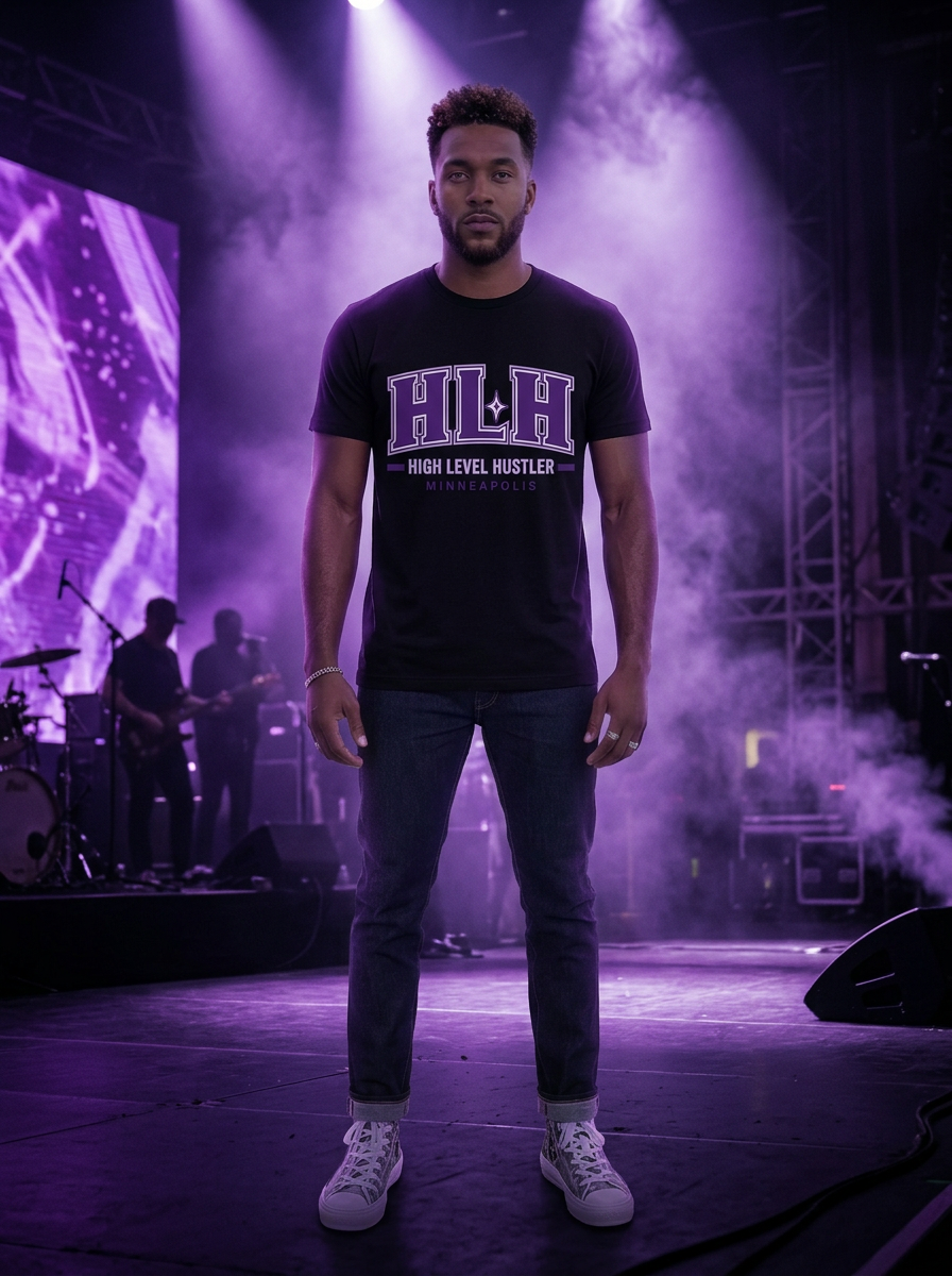 Model wearing High Level Hustler logo 04 t-shirt