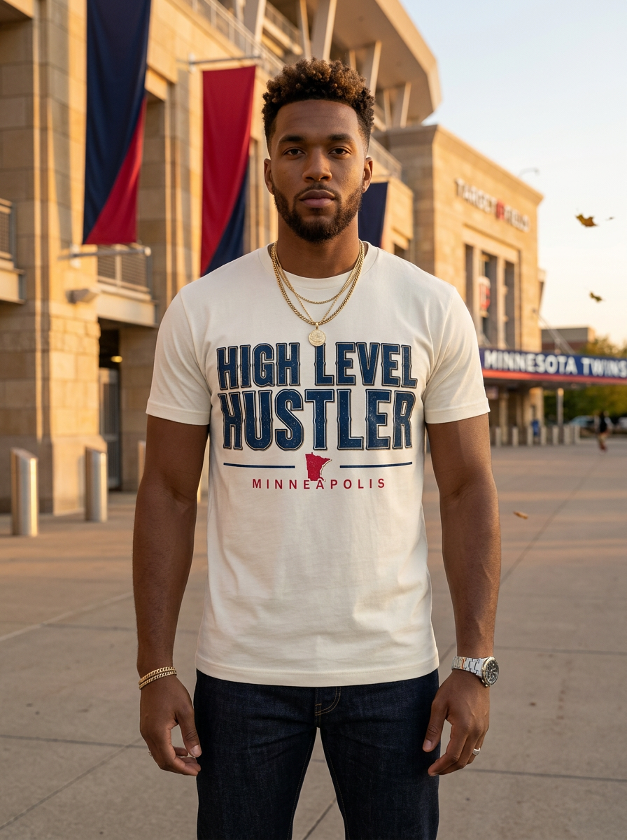 Model wearing High Level Hustler logo 05 t-shirt