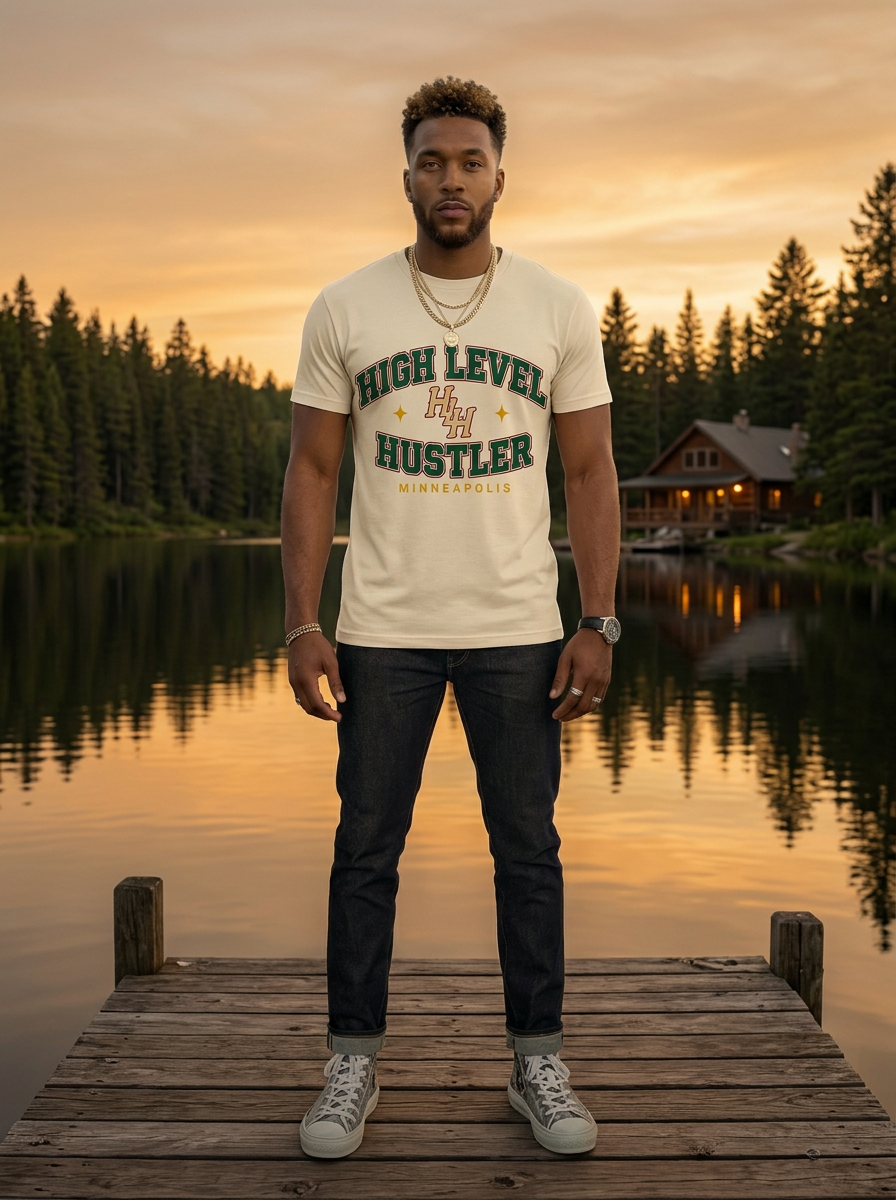 Model wearing High Level Hustler logo 06 t-shirt