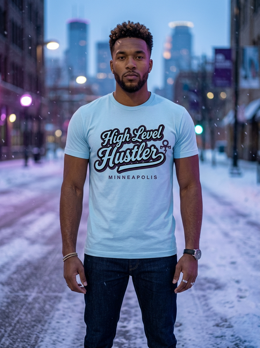 Model wearing High Level Hustler logo 07 t-shirt