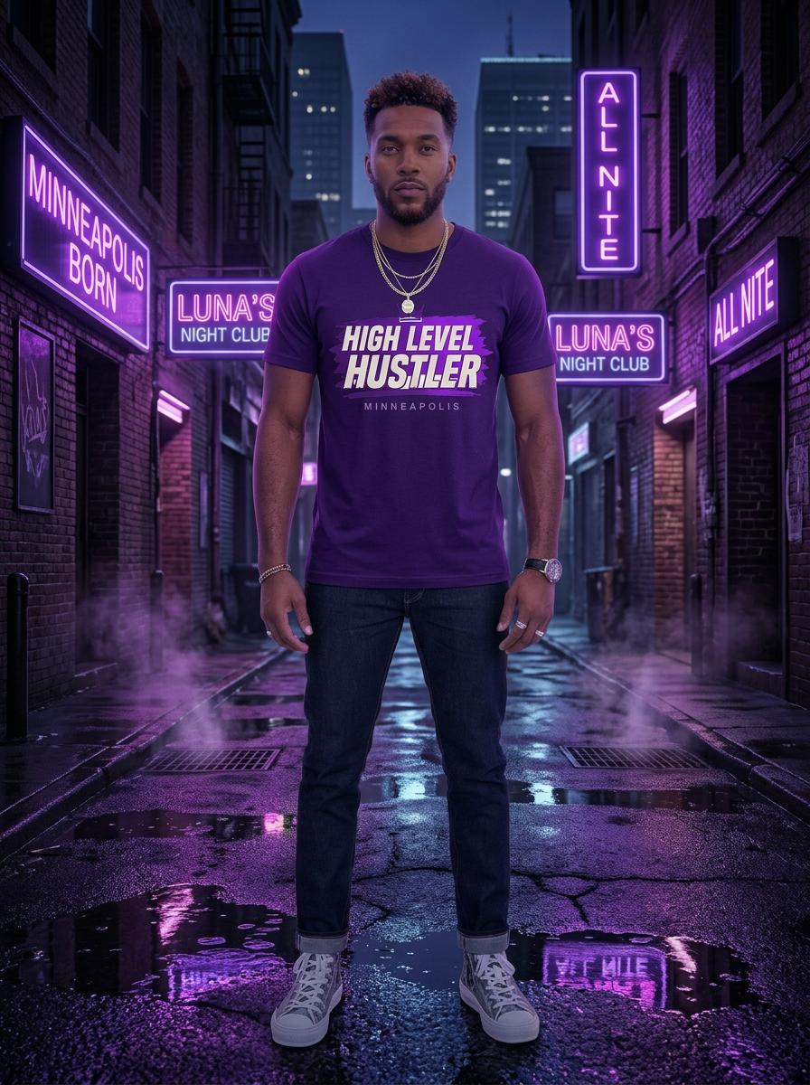 Model wearing High Level Hustler logo 08 t-shirt