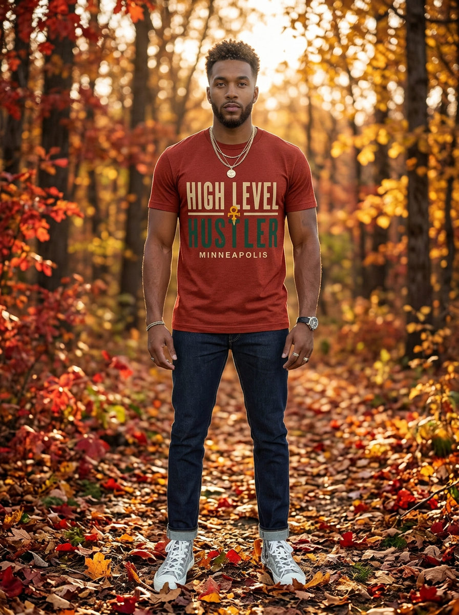Model wearing High Level Hustler logo 09 t-shirt