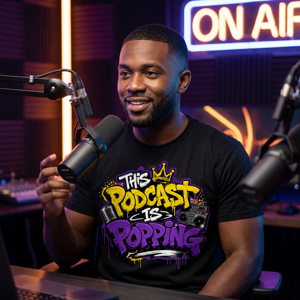 Black tee mockup with This Podcast Is Popping logo