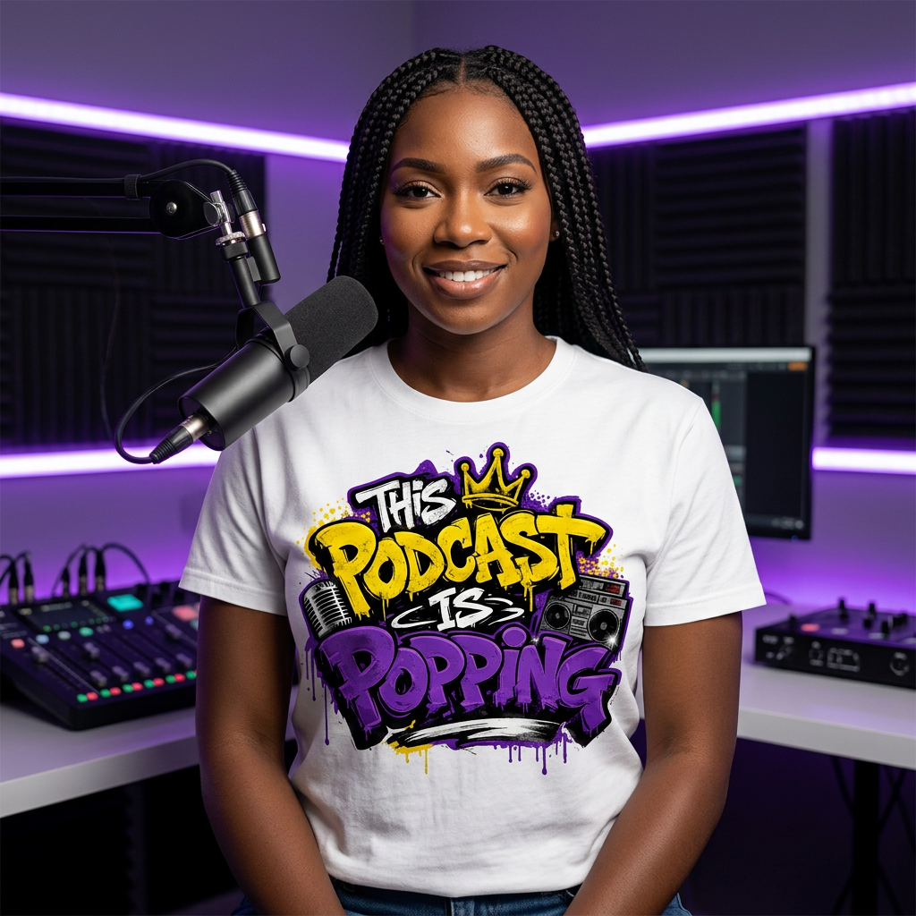 White tee mockup with This Podcast Is Popping logo