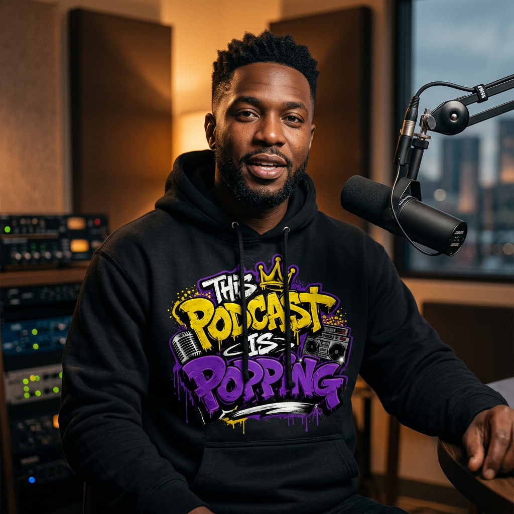 Black pullover mockup with This Podcast Is Popping logo