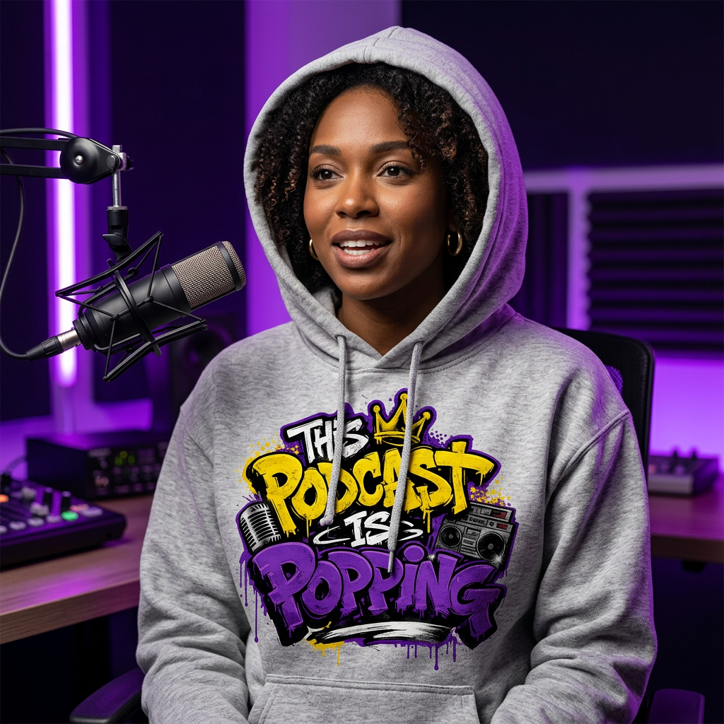 Heather grey mockup with This Podcast Is Popping logo