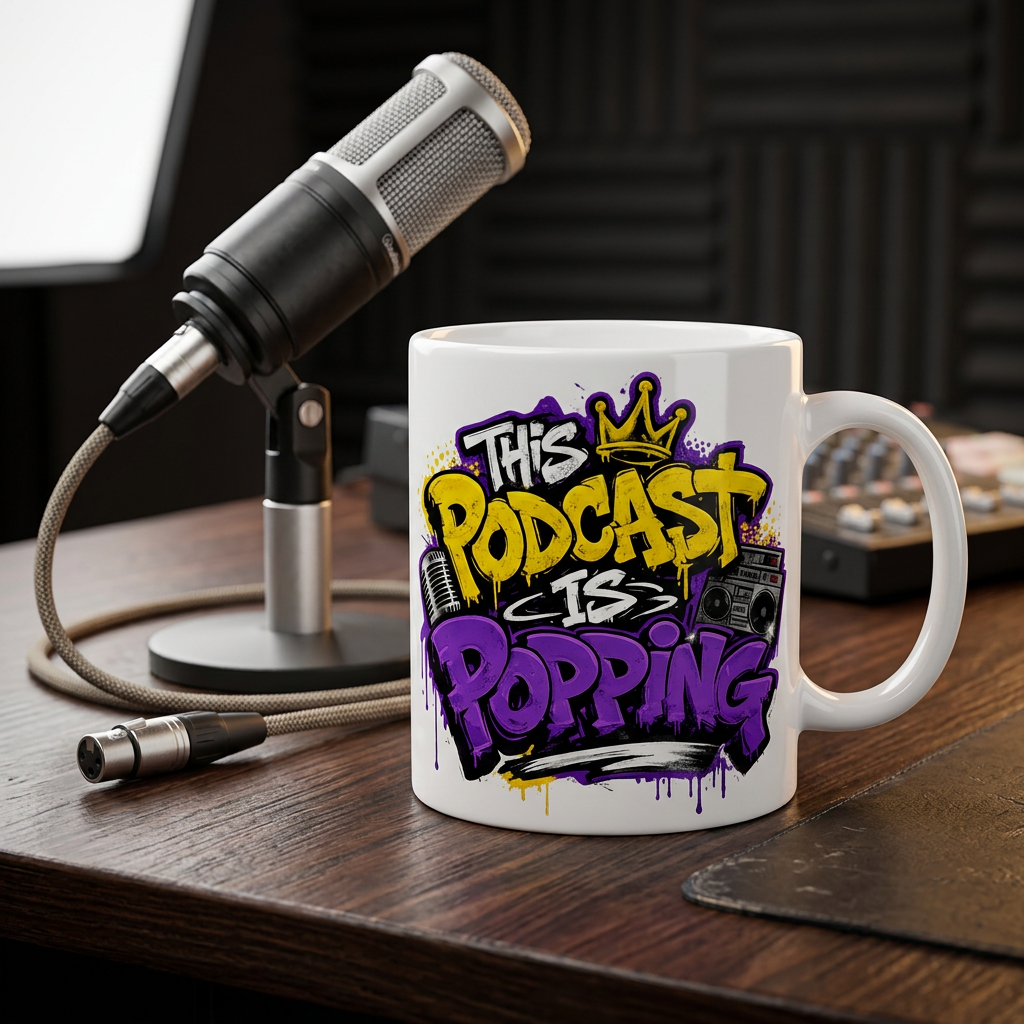 White ceramic 11oz mockup with This Podcast Is Popping logo