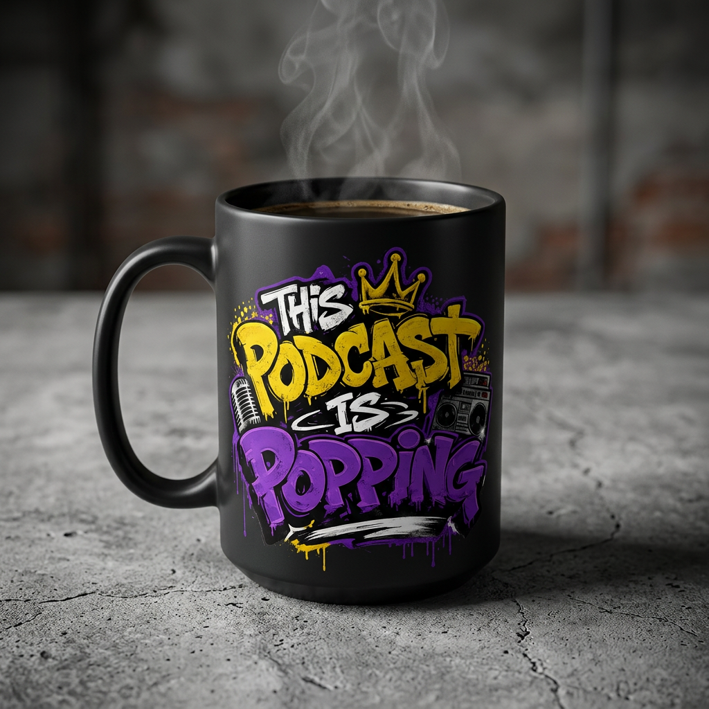 Black matte 15oz mockup with This Podcast Is Popping logo