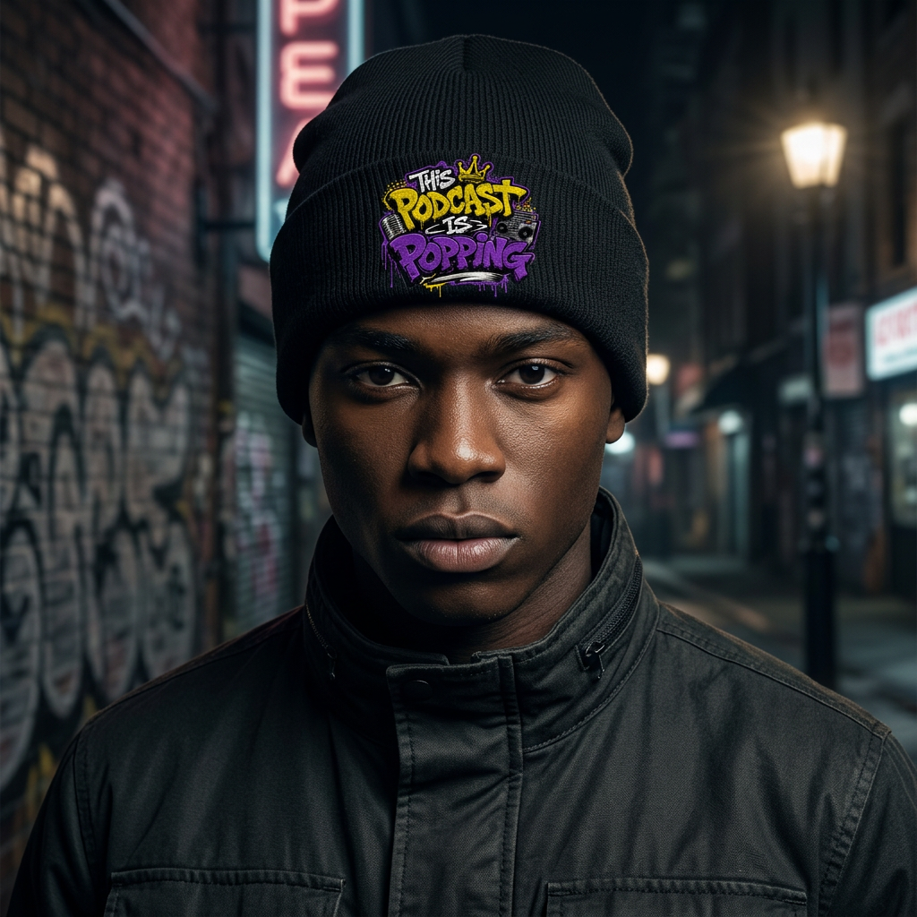 Black beanie mockup with This Podcast Is Popping logo