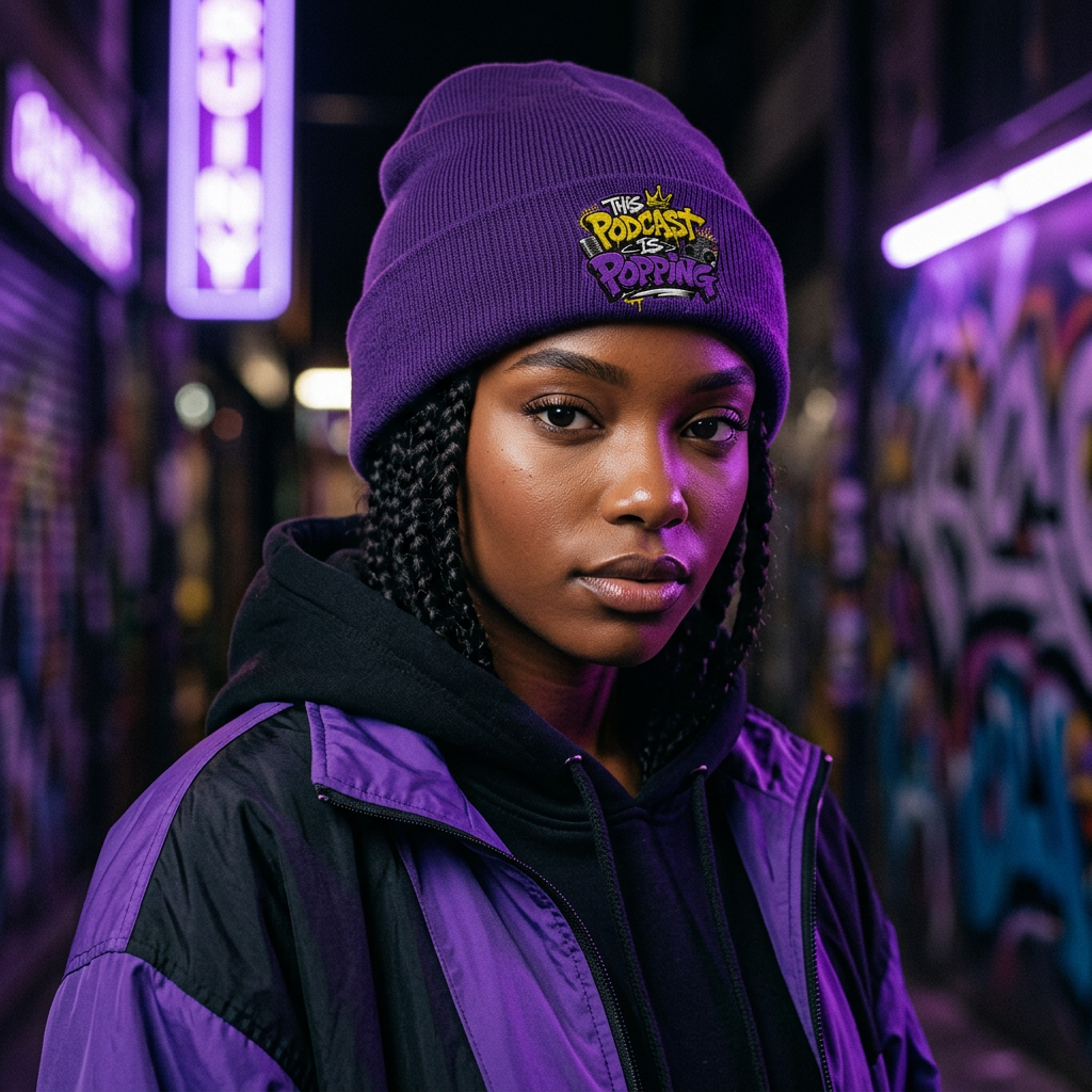 Purple beanie mockup with This Podcast Is Popping logo