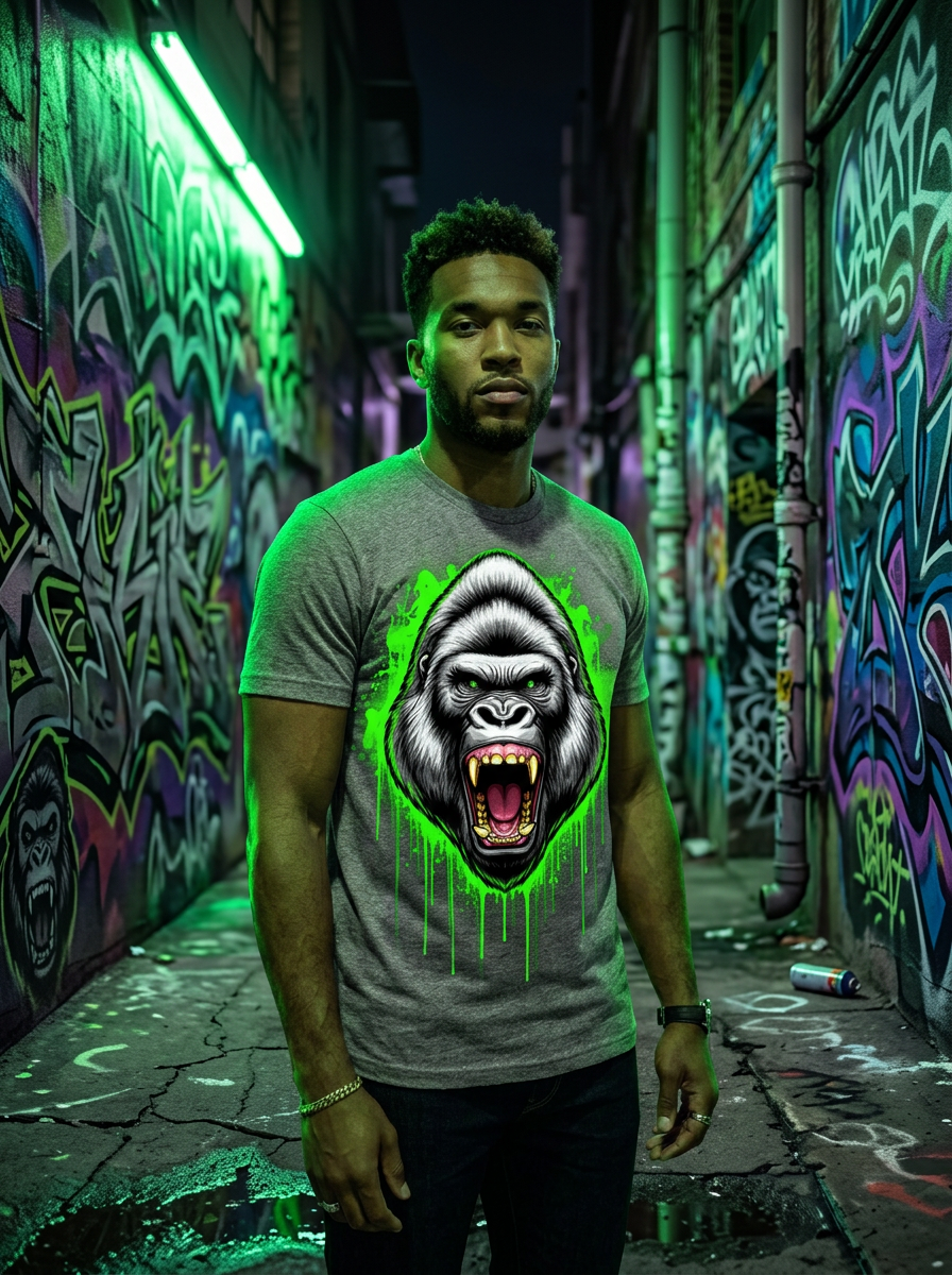 Model wearing Silverback Neon Drip t-shirt