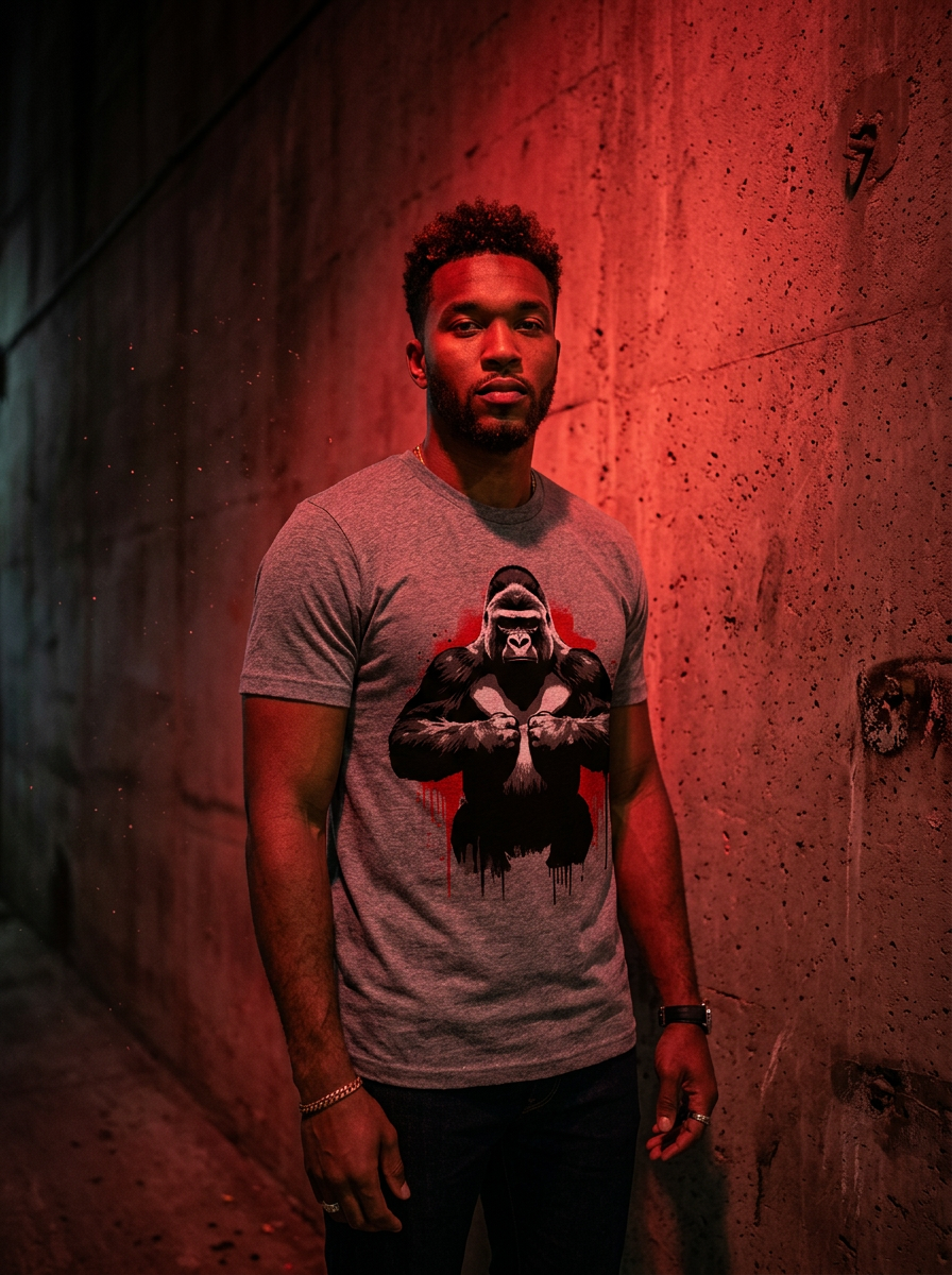 Model wearing Silverback Stencil Splatter t-shirt