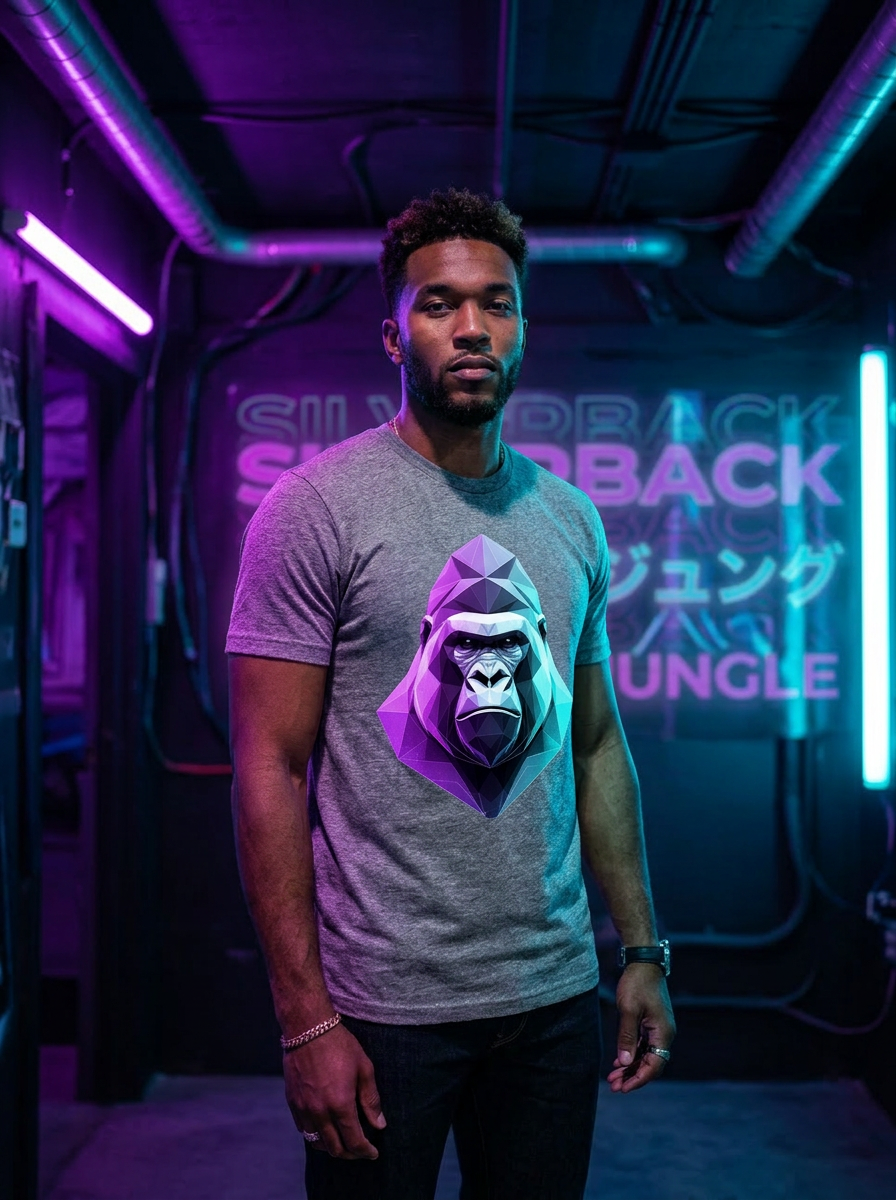 Model wearing Silverback Low Poly Cyber t-shirt