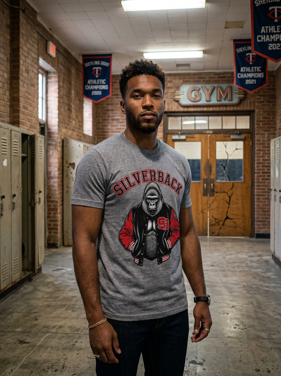 Model wearing Silverback Varsity SB t-shirt