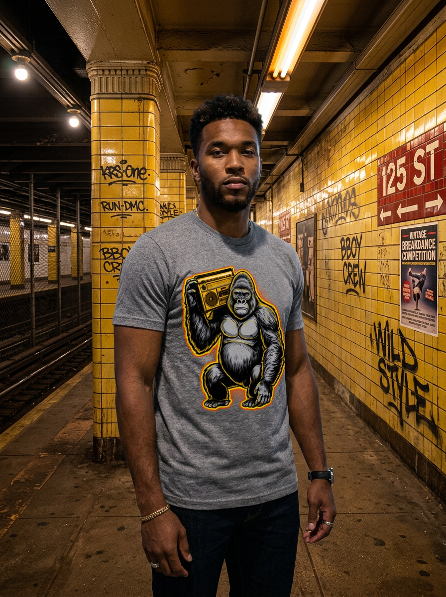 Model wearing Silverback Boombox Pop t-shirt