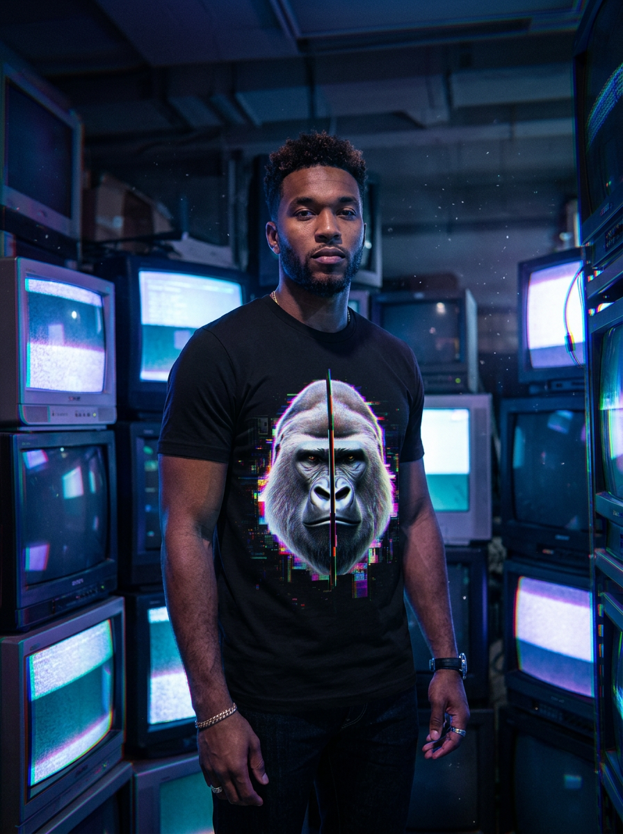 Model wearing Silverback Glitch RGB t-shirt