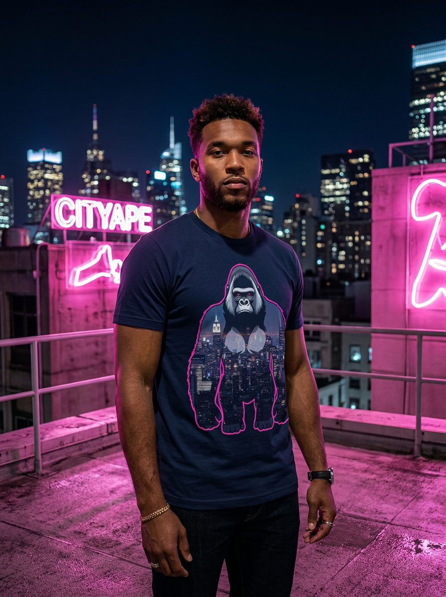 Model wearing Silverback City Ape t-shirt