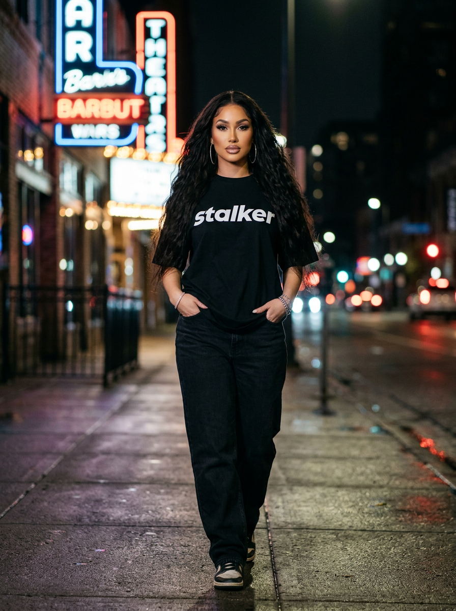 Mia Lanee modeling Stalker Black Tee — Glam studio