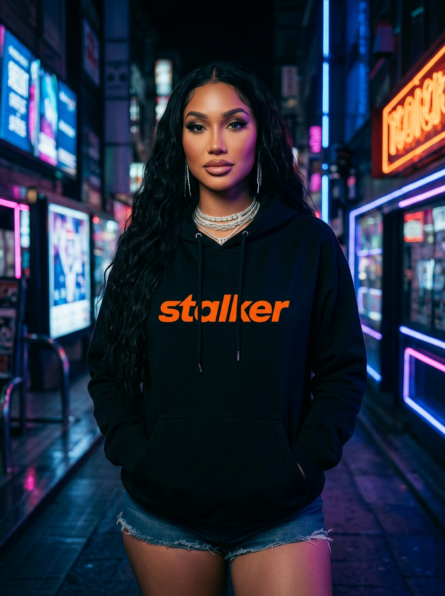 Mia Lanee modeling Stalker Black Hoodie — Street lifestyle