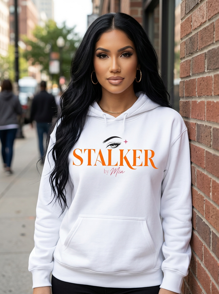 Mia Lanee modeling Stalker White Hoodie — Cinematic