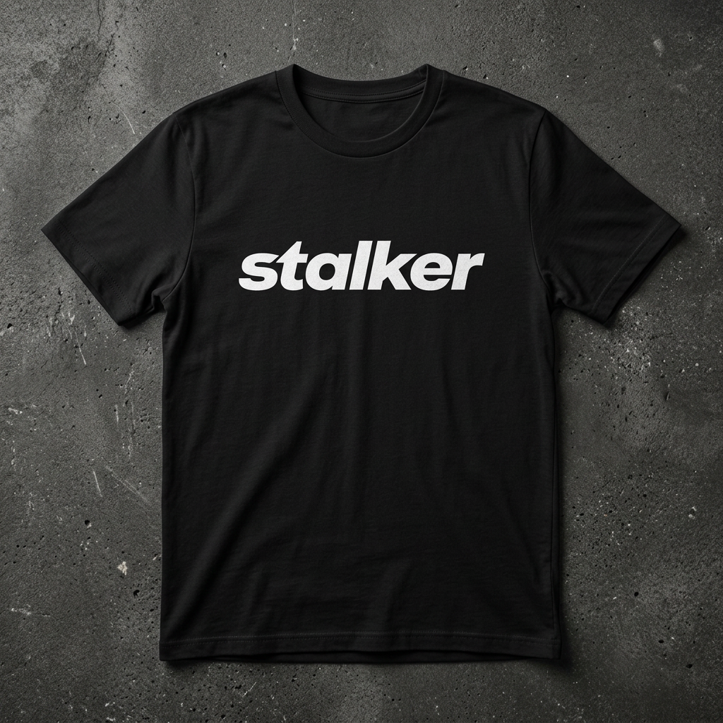 Stalker white wordmark t-shirt mockup on Black shirt