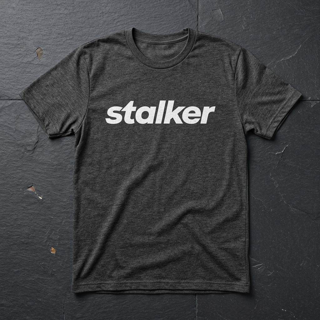 Stalker white wordmark t-shirt mockup on Heather Charcoal shirt