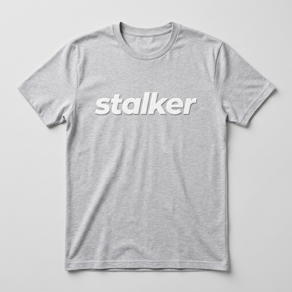 Stalker white wordmark t-shirt mockup on Light Heather Grey shirt